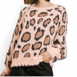 Umgee Fuzzy Leopard Print Sweater - Pink and Brown